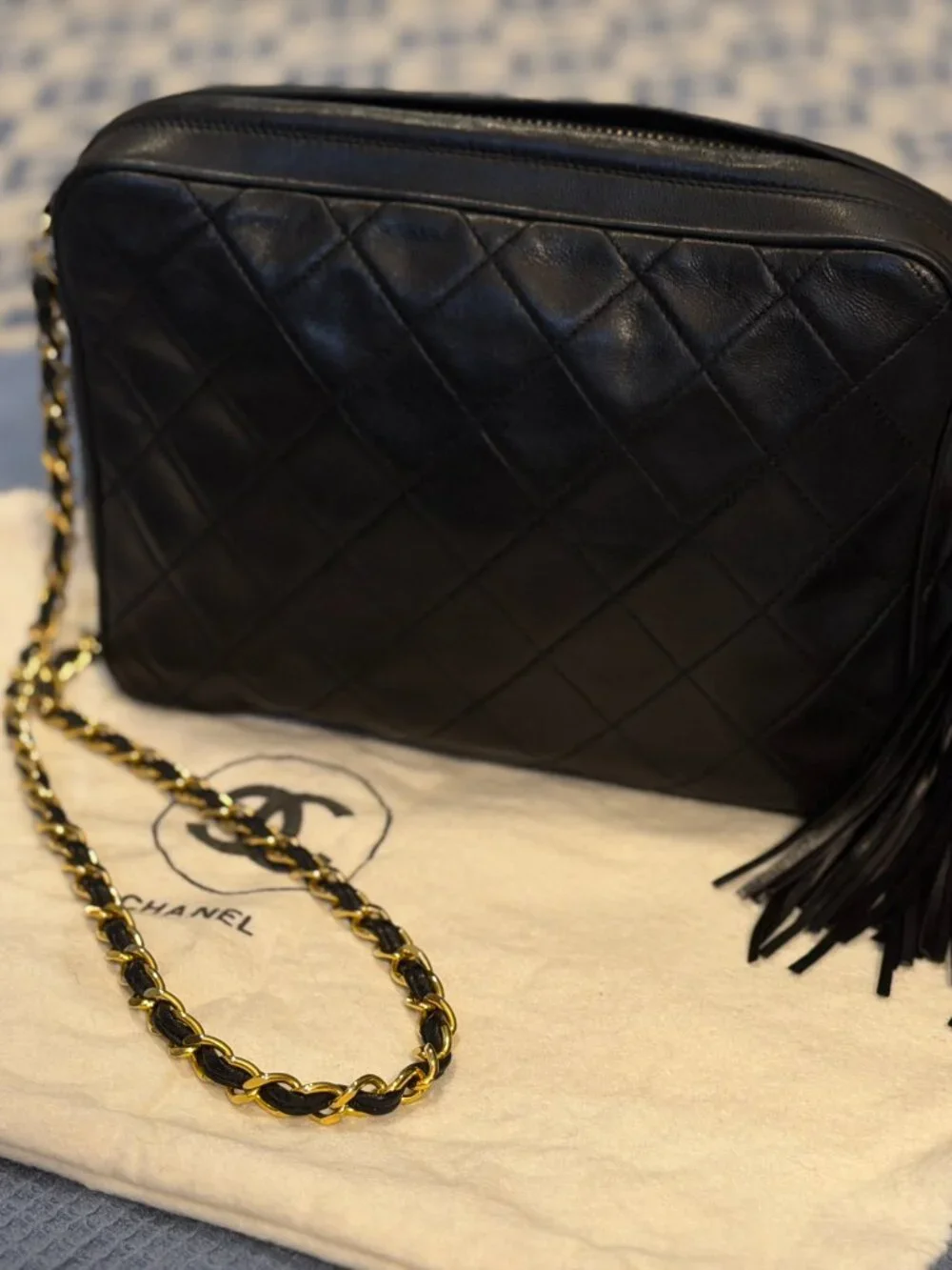 Vintage Chanel Camera Bag Black Lambskin Gold Tassel 1989-91 Card Dust Bag